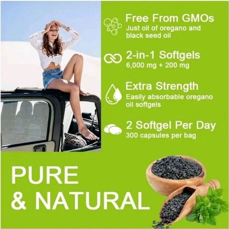 Oregano Oil 6000mg 300 Softgel Capsules with Black Seed Oil Supplement