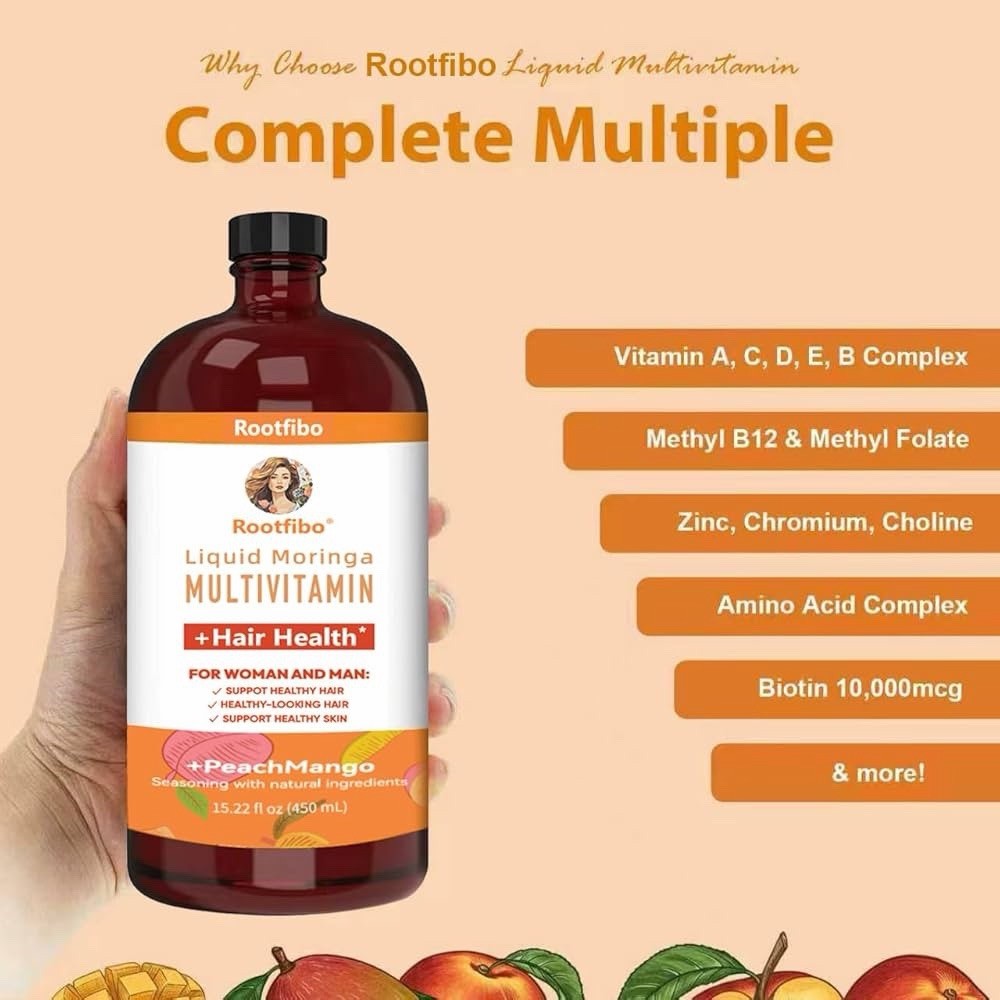 Liquid Morning Multivitamin + Hair Growth, Peach Mango, 15.22 fl oz (450 ml)