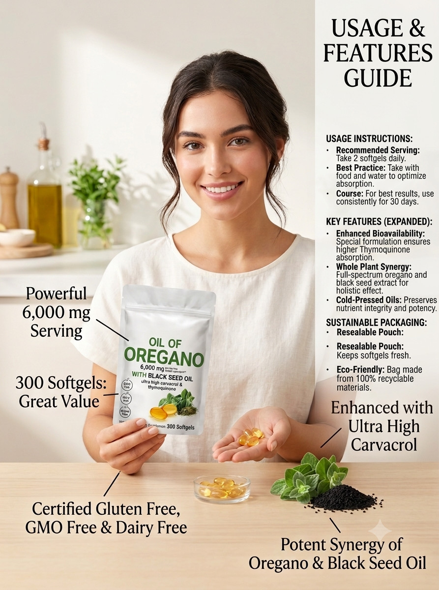 Oil of Oregano 6000mg with Black Seed Oil – 300 Softgels 2 in 1 Immune Pack of 2