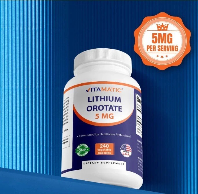 Vitamatic Lithium Orotate 5mg, 240 Veggie Capsules, Non-GMO, Gluten Free.