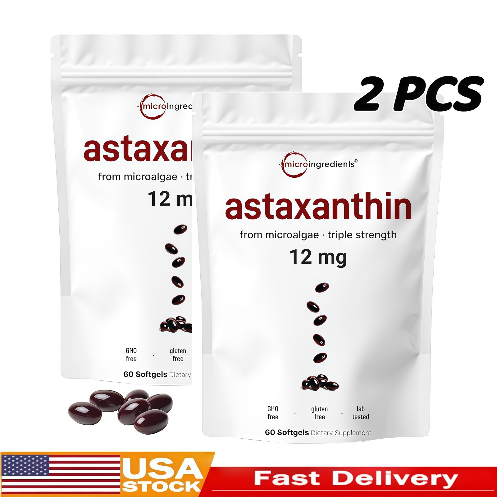 | Astaxanthin Micro Ingredients 12mg with MCT Oil, 120 Softgels 2 Pack