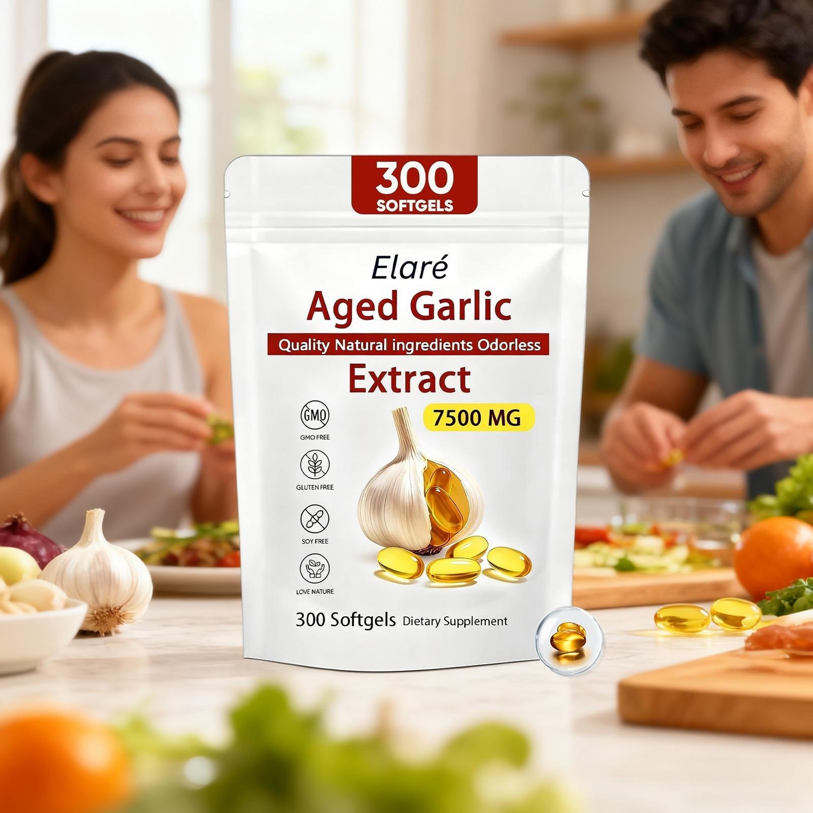 2 PACK Elare Aged Garlic Extract, 300 Softgels, 7500mg Odorless | Heart & Immune