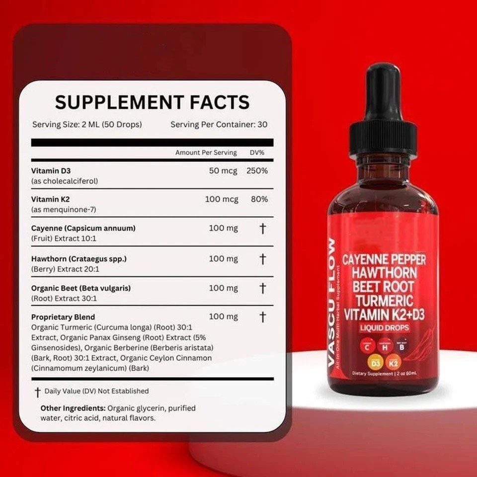 2Pack Cayenne Pepper Hawthorn Beet Root Turmeric Vitamin K2+D3 Liquid Drops 60ML
