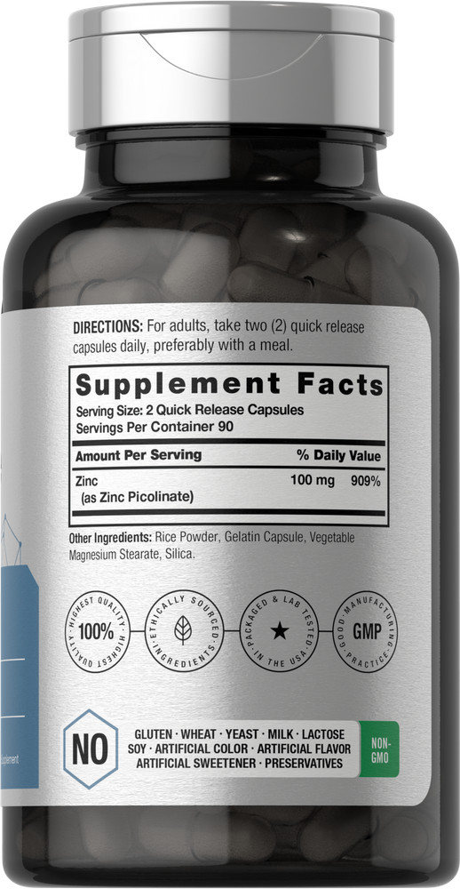 Zinc Picolinate 100mg | 180 Capsules | High Potency, Non-GMO | by Horbaach