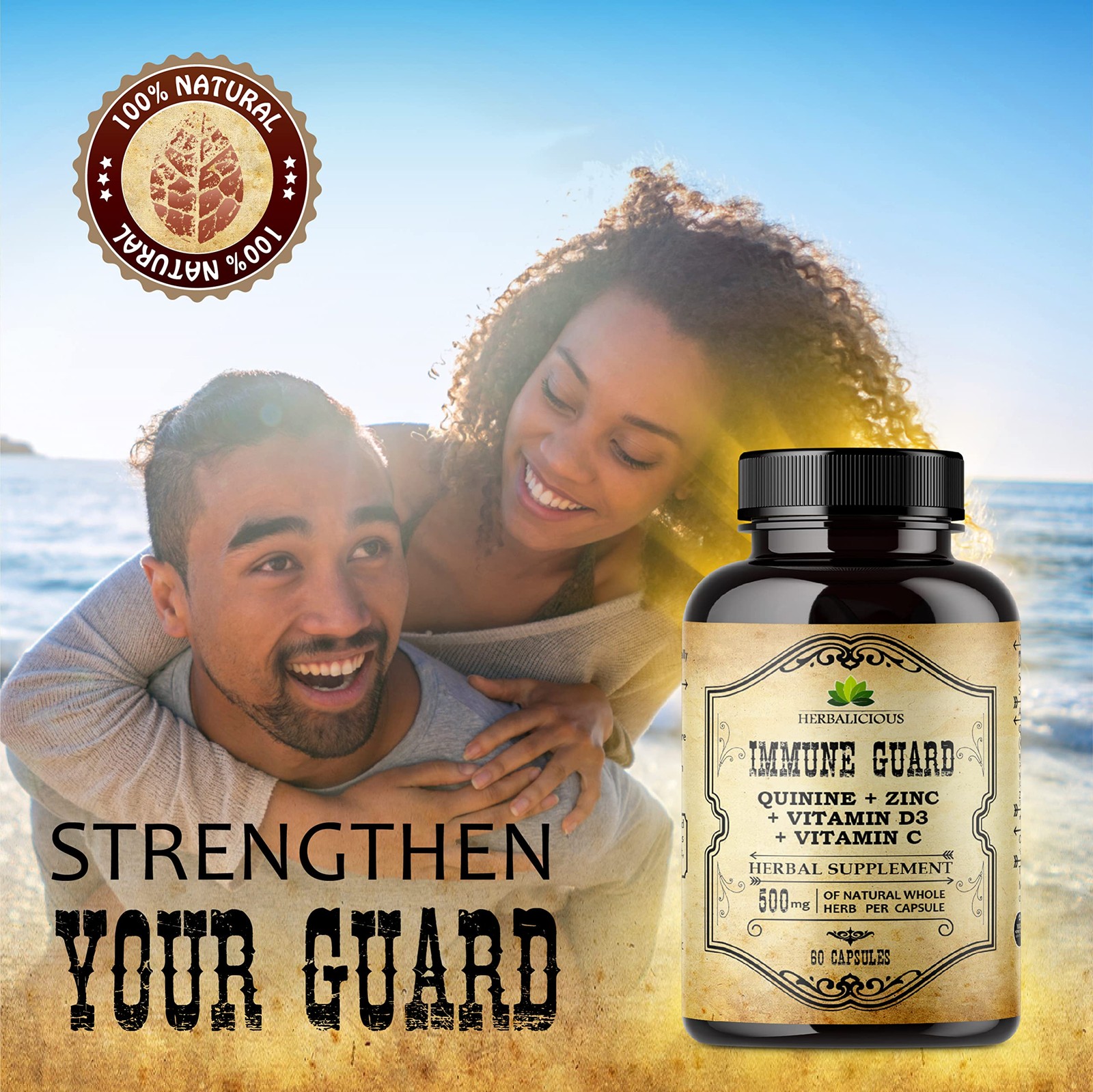 HERBALICIOUS Quinine Immune Guard 500mg w Vitamin C D3 Zinc 60 Caps