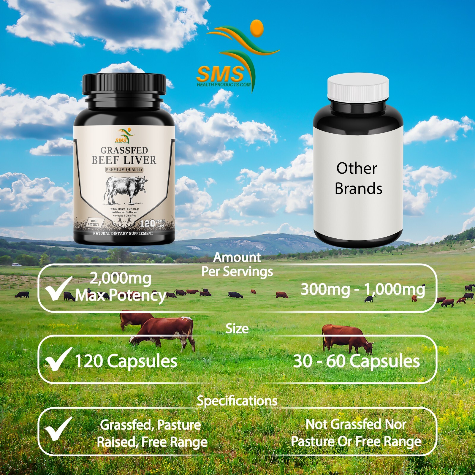 Desiccated Beef Liver Caps, Certified 100% Grass Fed Undefatted 120 Capsules USA