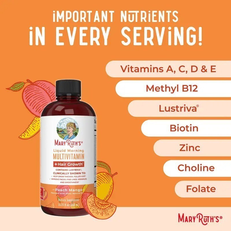2 BOTTLES–MaryRuth’s Liquid Morning Multivitamin Hair Growth Peach Mango flavor