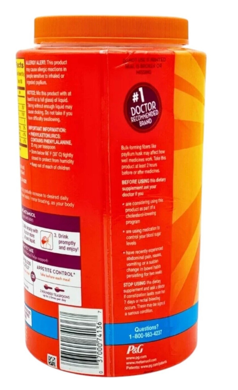 Metamucil Psyllium Husk Powder, Orange Flavor 180 Teaspoons Sugar Free 10/26+