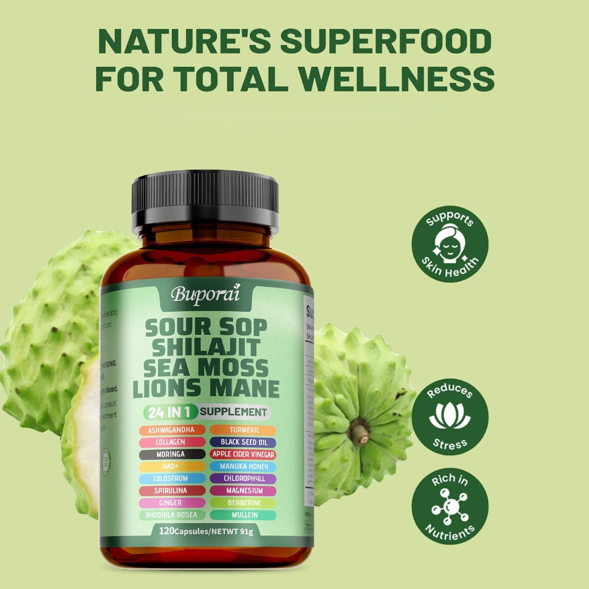 Buporai 24-in-1 Soursop | Sea Moss Lion Mane Support Skin Joint & Immune Health