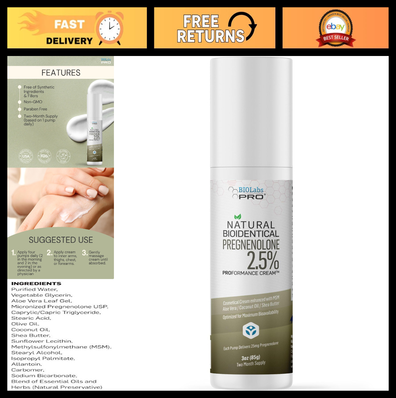 Natural Bioidentical Pregnenolone 2.5% Maximum Strength – 3oz Unscented, 2-Month