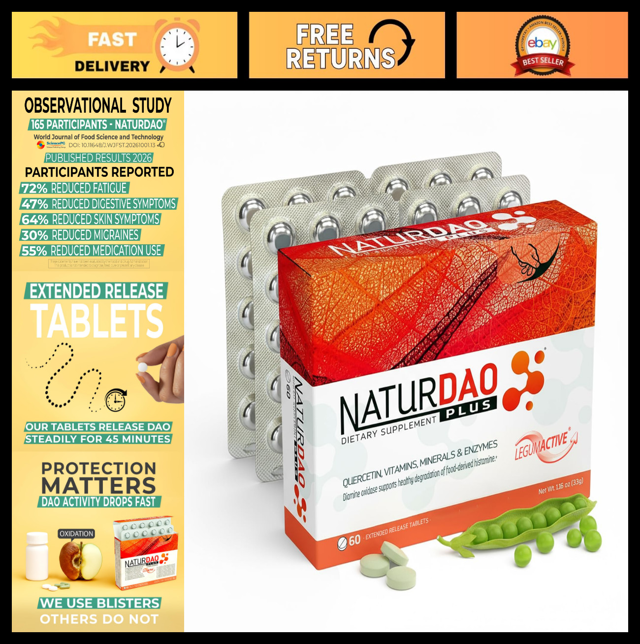 DAO Enzyme 1,000,000 HDU – Advanced Histamine Blocker – 60 Extended Release Tabl