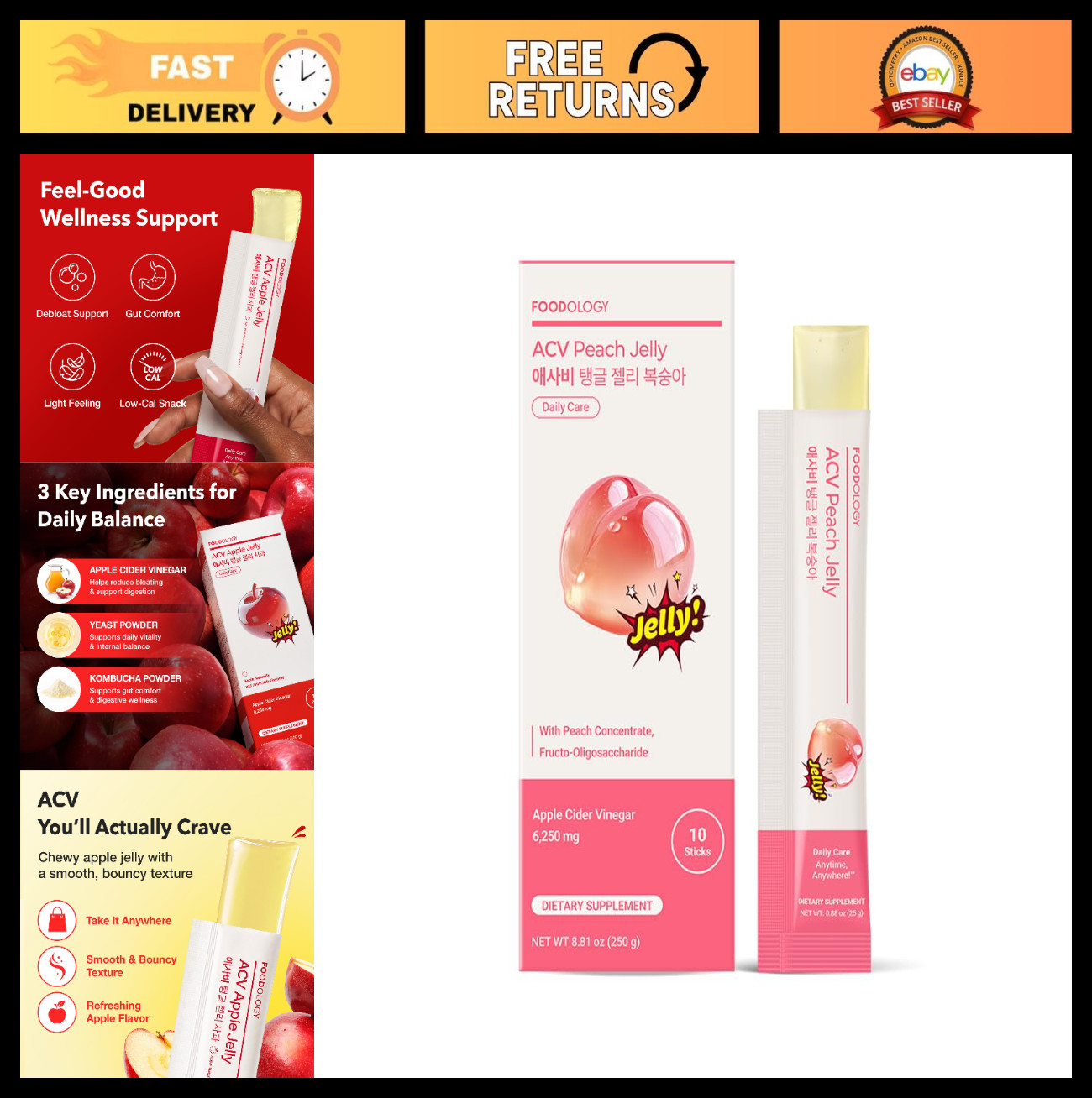 Apple Cider Vinegar Stick Jelly 6,250mg – Peach Flavor, Prebiotic Detox, Gut Hea