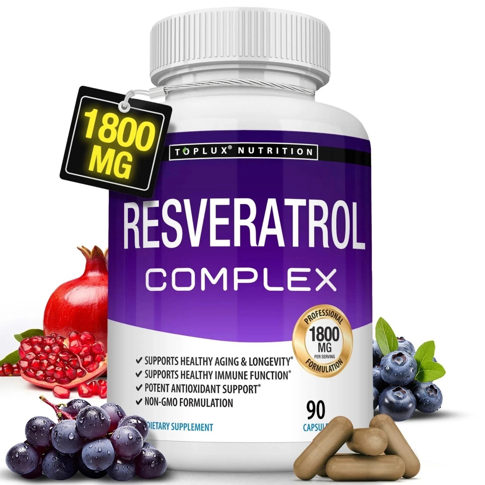 Resveratrol Supplement 1800 mg Antioxidant Complex – Highly Potent Natural