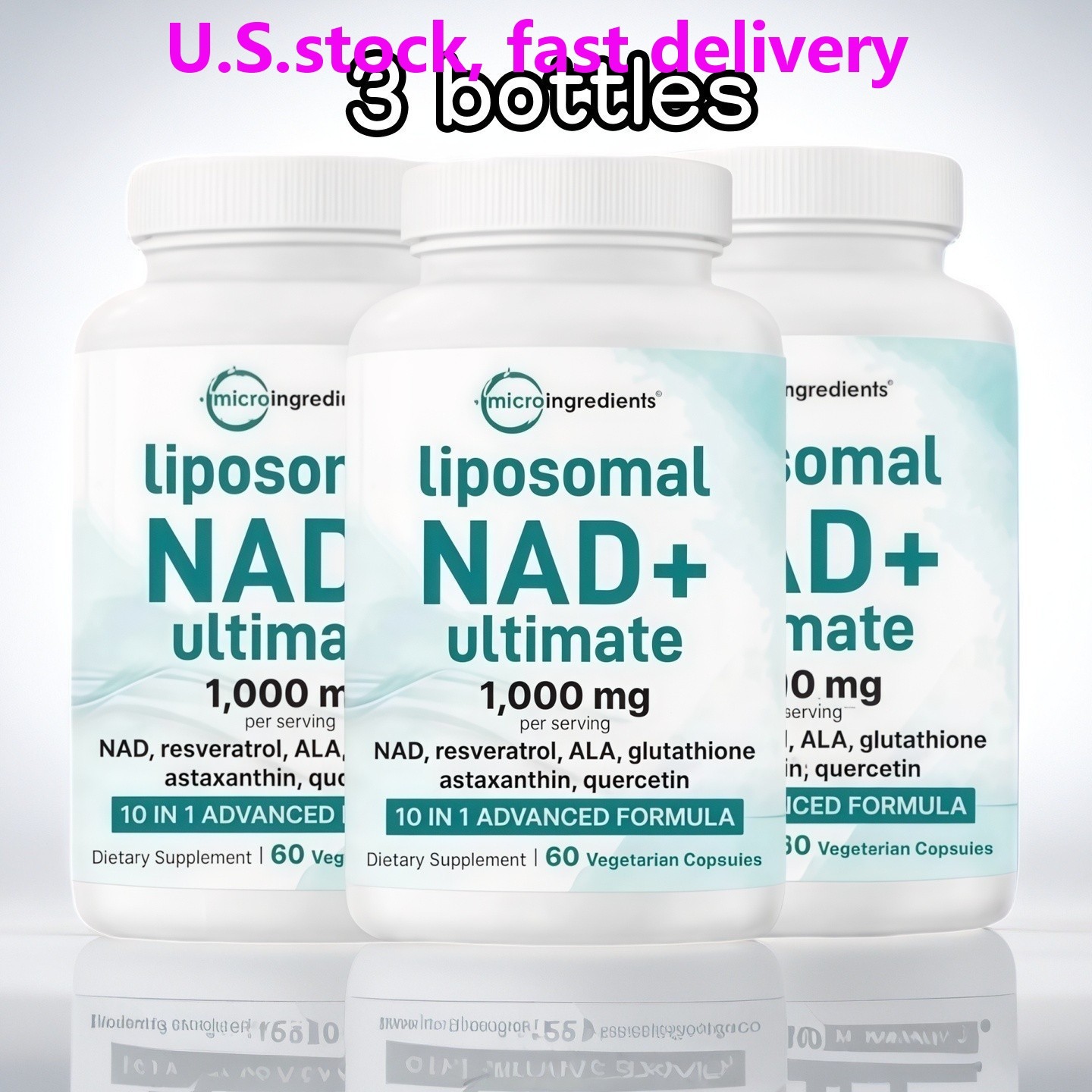 3PCS Liposomal NAD+ Ultimate 1,000mg 60 Veggie Capsules 10-in-1 with Resveratro