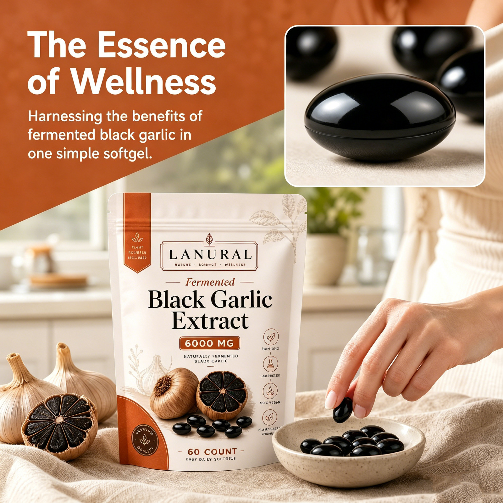Fermented Lanural Black Garlic, Odorless Capsules, 60 Count