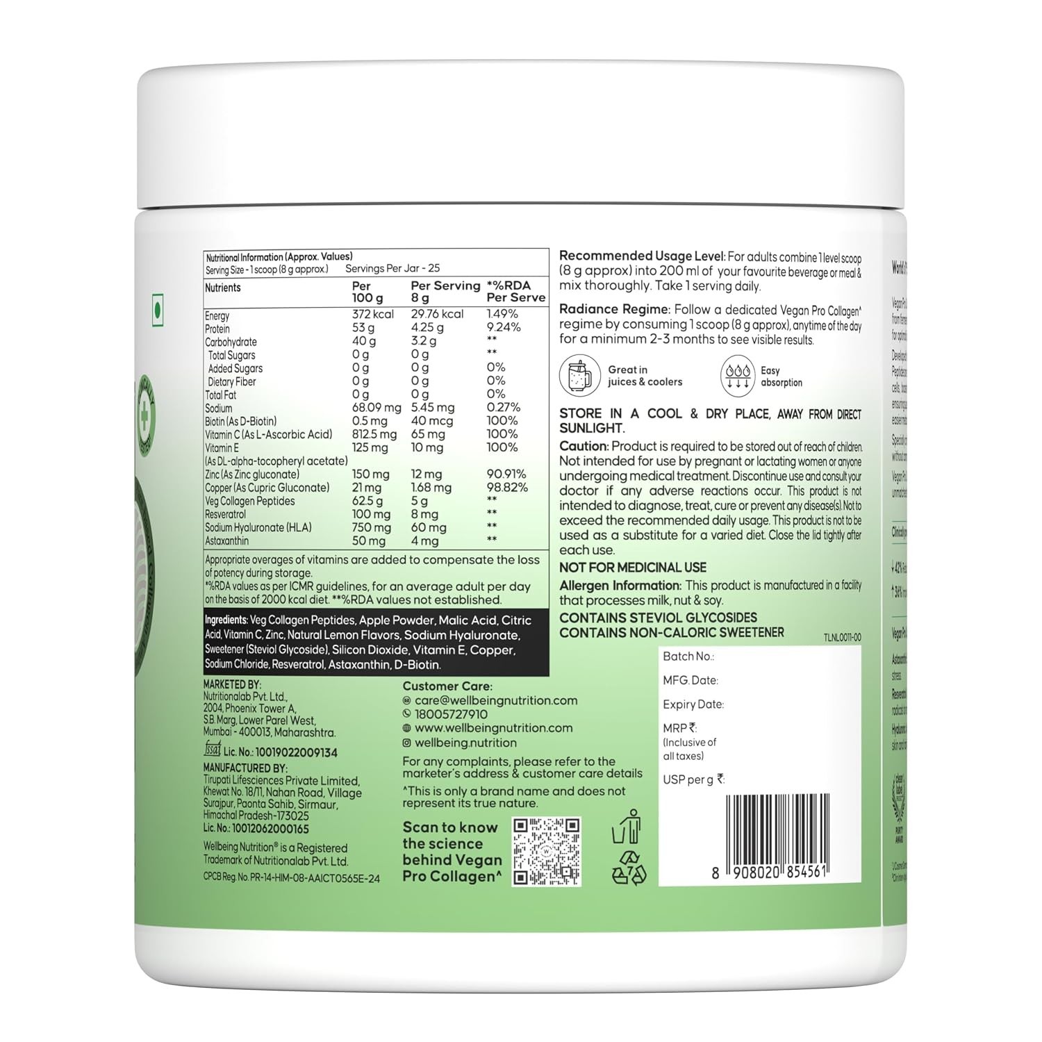 Wellbeing Nutrition Vegan Pro Collagen for Skin and Hair 100% Plant Based 200gm