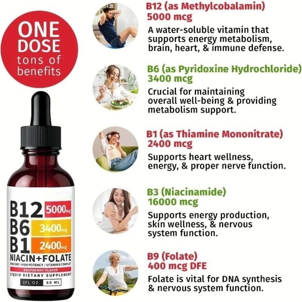 2-Bottles Vitamin B12 Liquid Drops with B6 B1 Niacin Folate