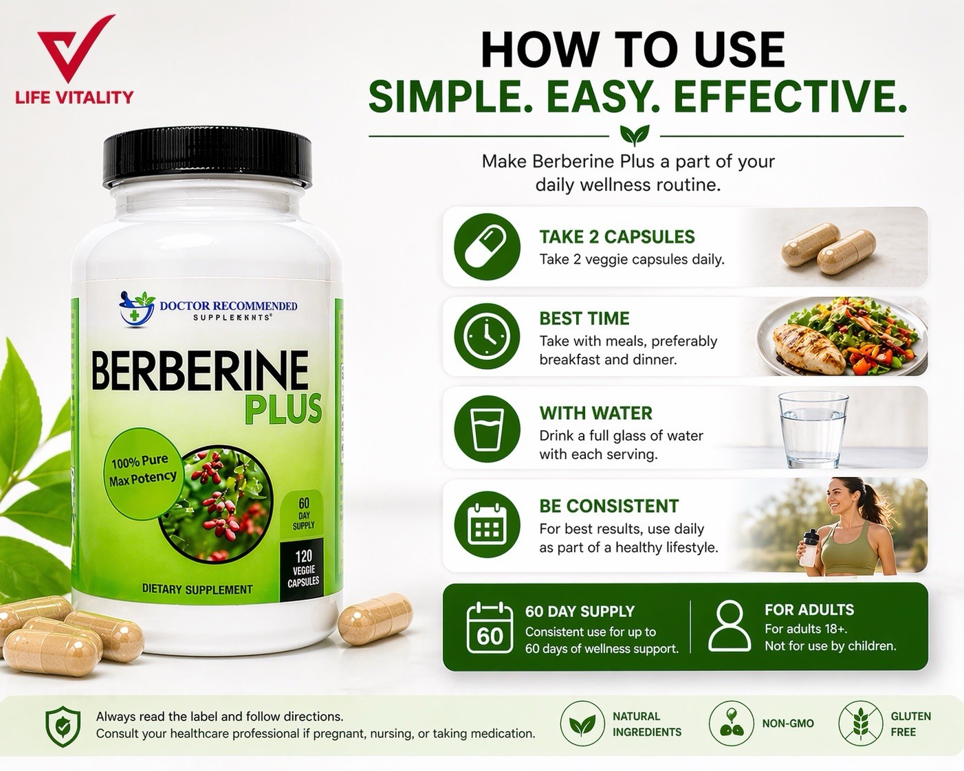 Berberine Plus 1200mg Per Serving -120 Veggie Capsules Royal Jelly Supports