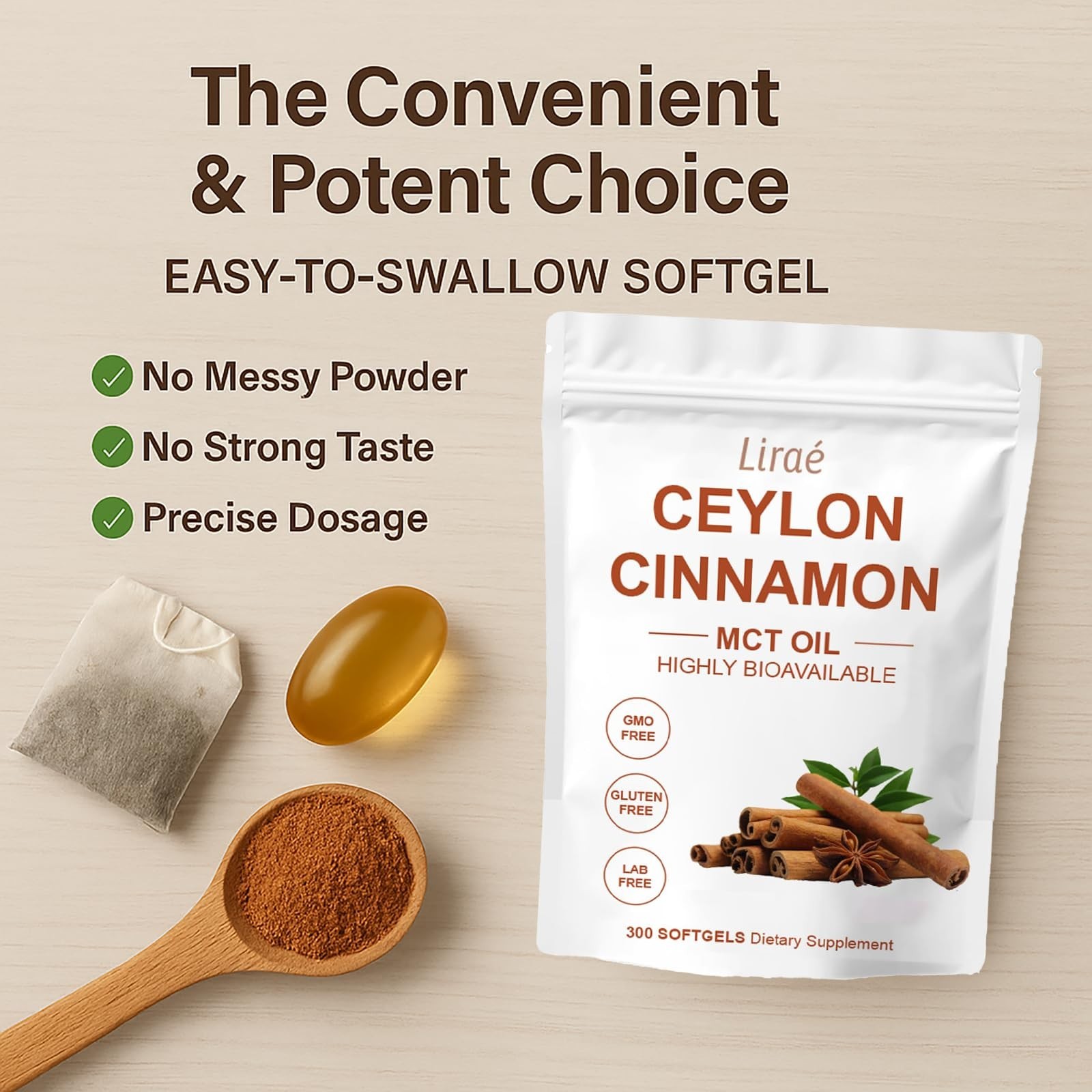 Ceylon Cinnamon 300 Softgels with MCT Oil, Non-GMO, Gluten-Free, Easy to Swallow