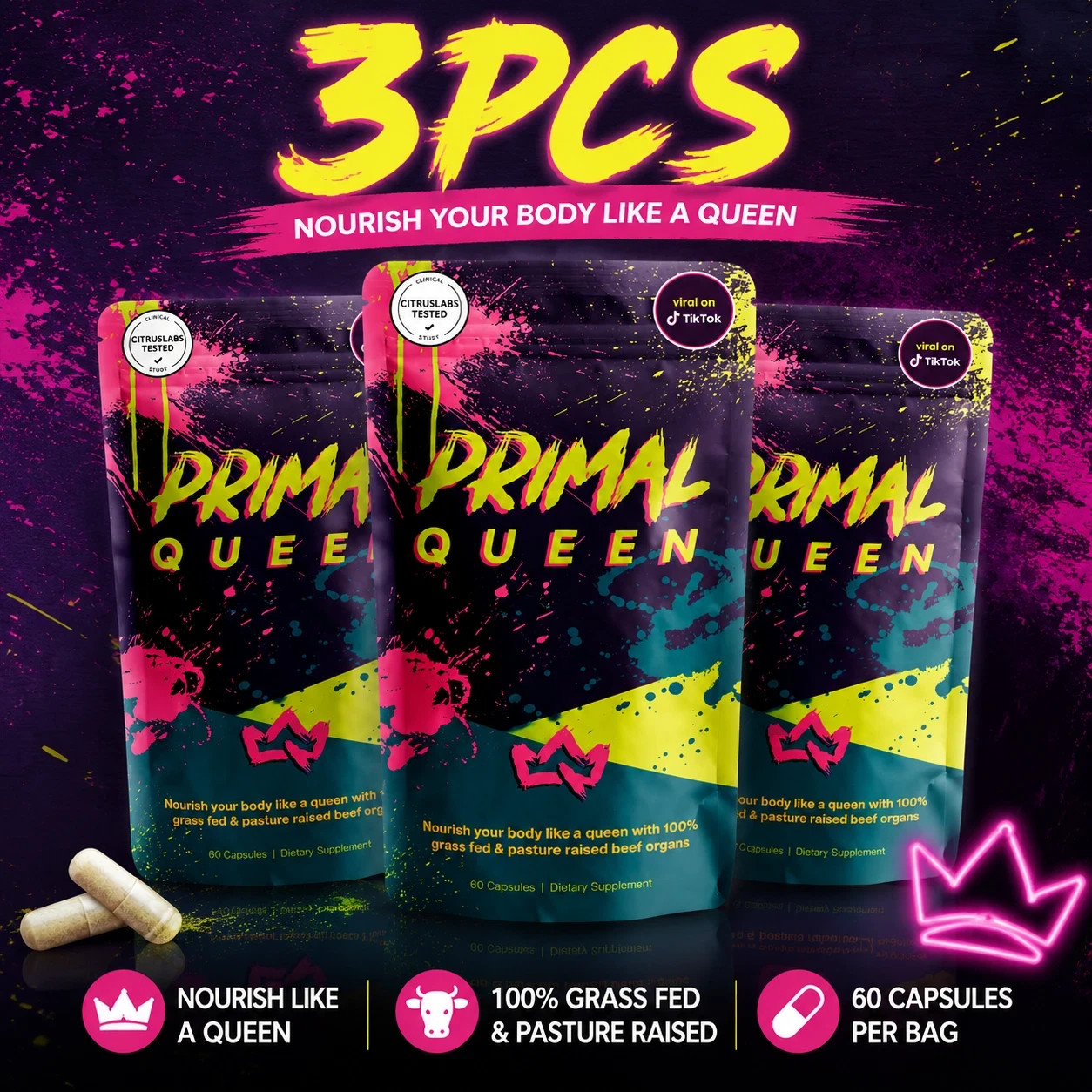 3PCS Primal Queen Grass Fed OrganSupplement Hormone Support Capsules60Count