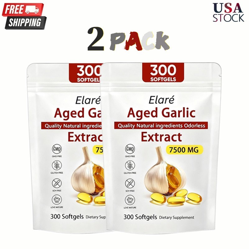 2 PACK Elare Aged Garlic Extract, 300 Softgels, 7500mg Odorless | Heart & Immune