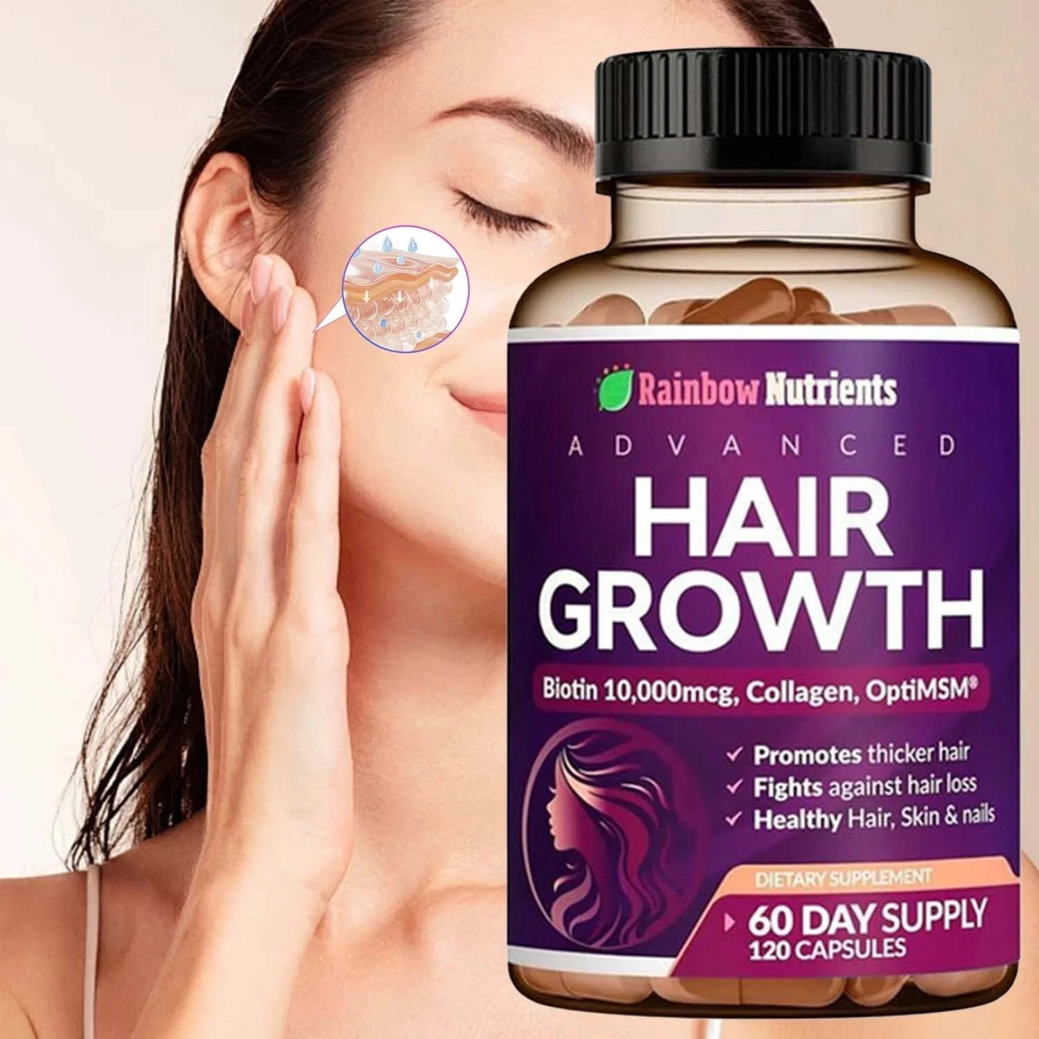 Rainbow Nutrients Hair Growth Vitamins Biotin 10000mcg with Collagen Supplement
