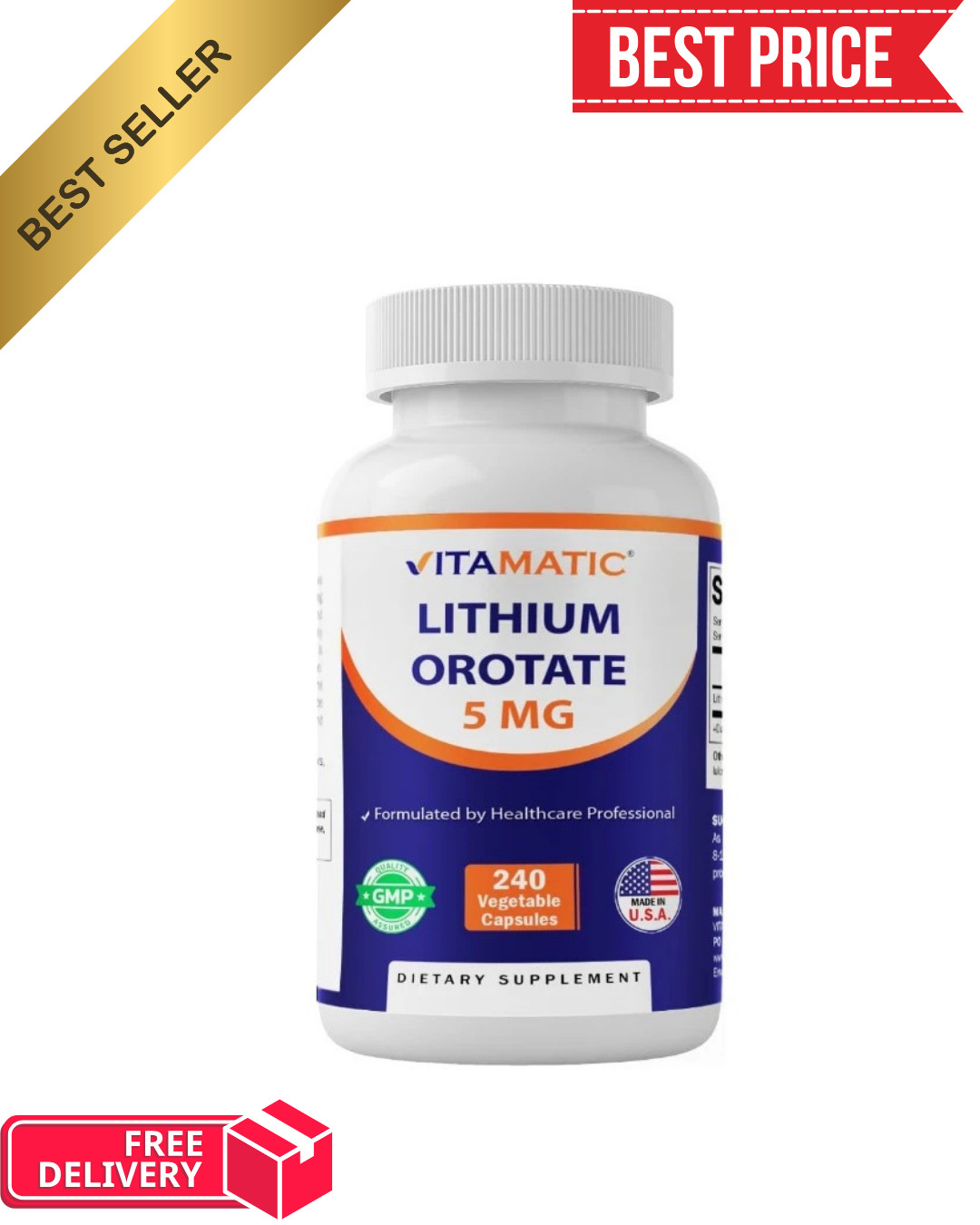 Vitamatic Lithium Orotate 5mg, 240 Veggie Capsules, Non-GMO, Gluten Free.