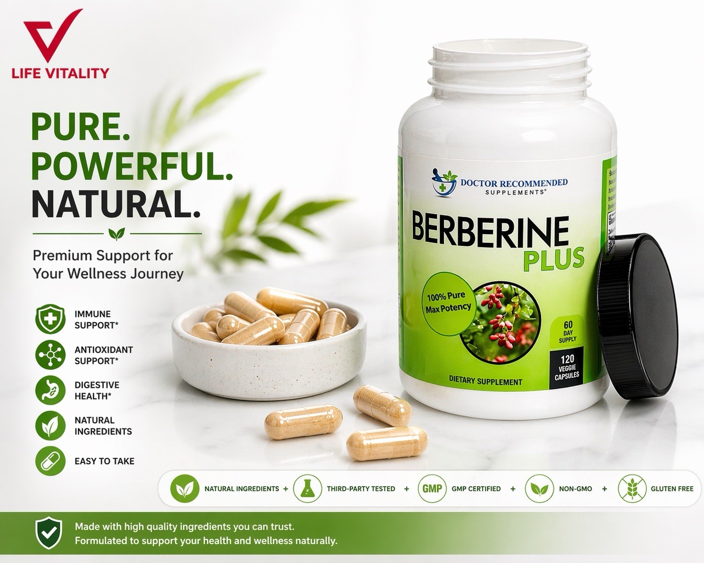 Berberine Plus 1200mg Per Serving -120 Veggie Capsules Royal Jelly Supports