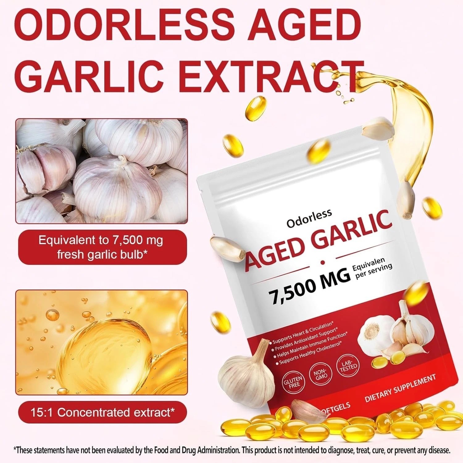 Odorless Garlic 7500Mg per Servings, 300 Softgels | 2 Years Aged Garlic Extra…