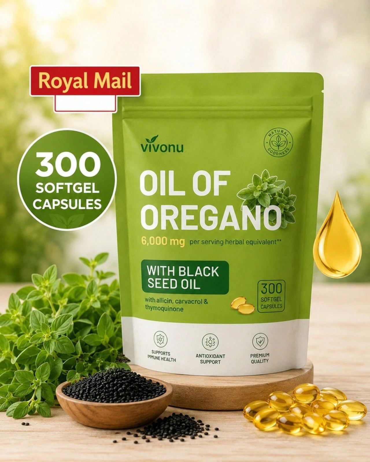 Oregano Oil 6000mg 300 Softgel Capsules with Black Seed Oil Supplement