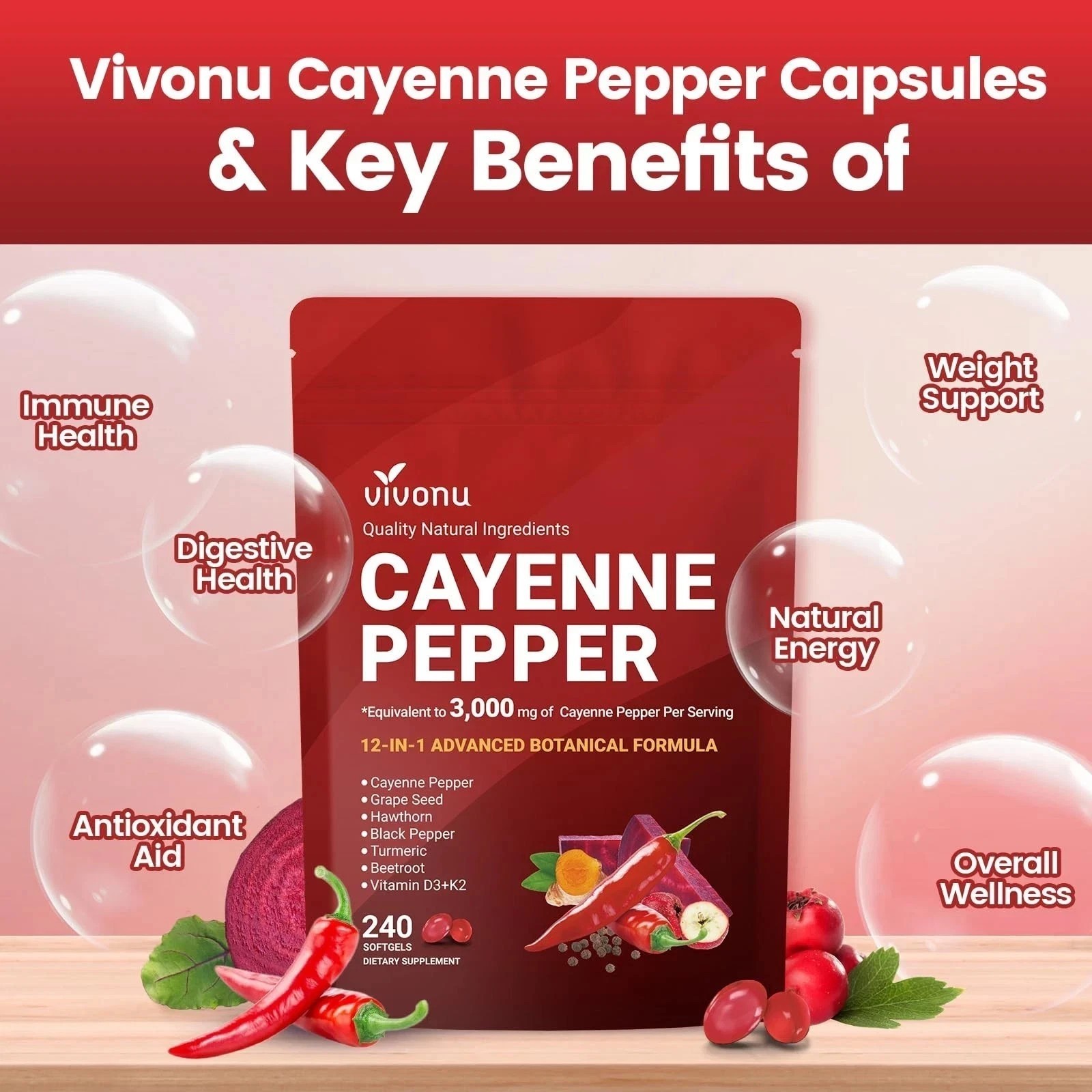 3PCS Cayenne Pepper Softgels Supplement,Supports Leg Vein,Heart and Blood Vessel