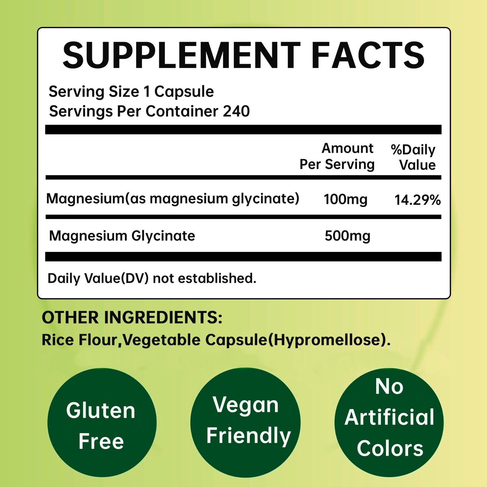 Magnesium Glycinate 500mg per Capsule 240 Capsules High Absorption
