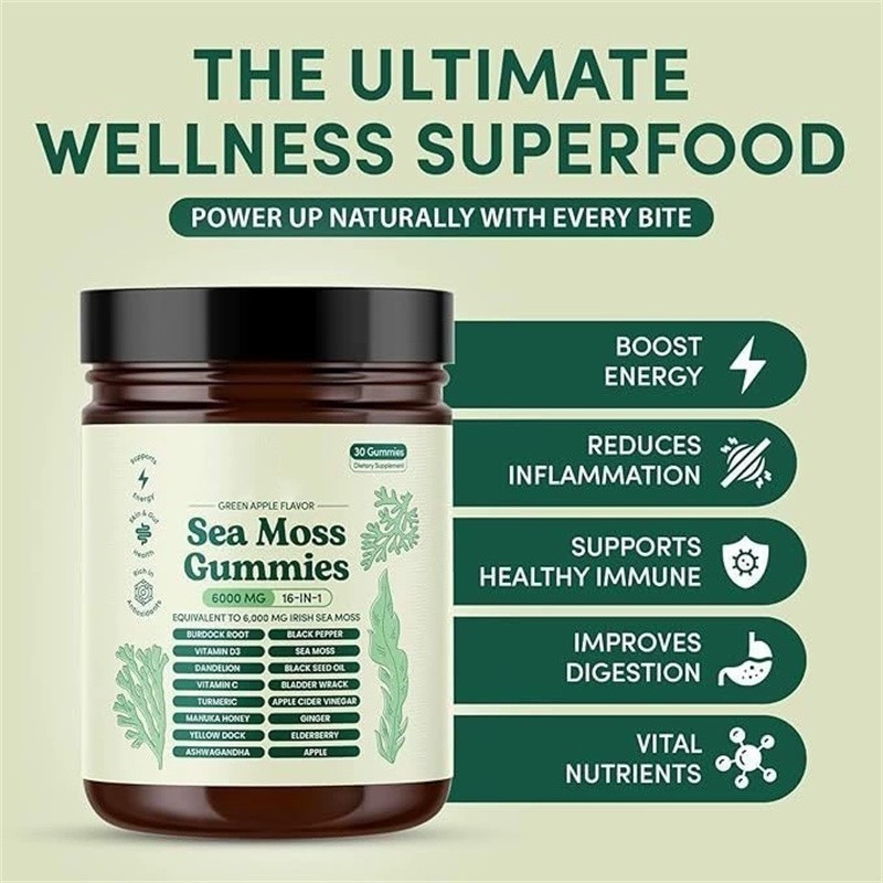 3PCS 16 in 1 Organic Sea Moss Gummy Irishmoss Extract 6000Mg Green Apple Flavor