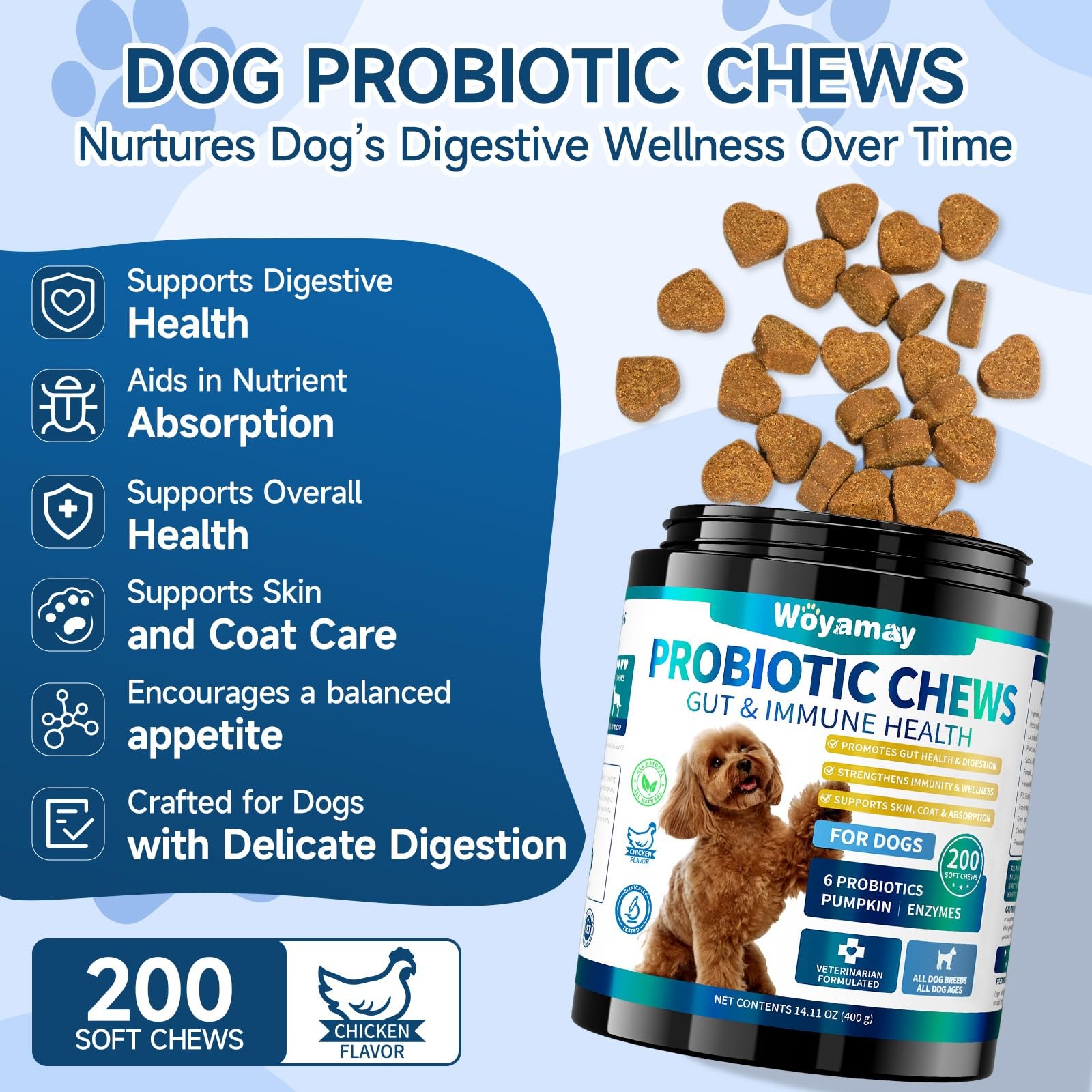 Woyamay Dog Probiotic for Dogs, 200 Soft Treats Probiotics Brown