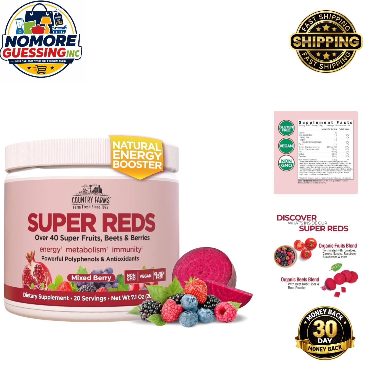 Super Reds with 48 Berries – Energizing Antioxidant Drink Mix, 20 Servings