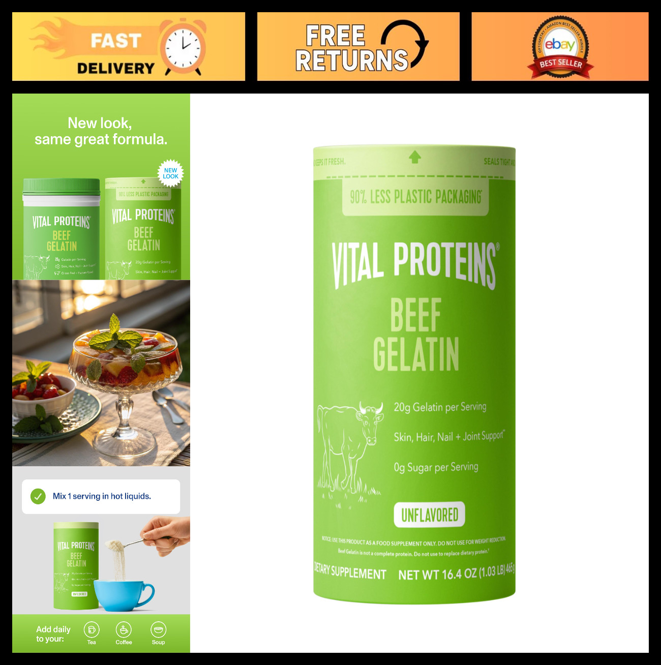 Grass-Fed Beef Gelatin Powder – 16.4 oz, Unflavored, Keto-Friendly, Paleo, Prote
