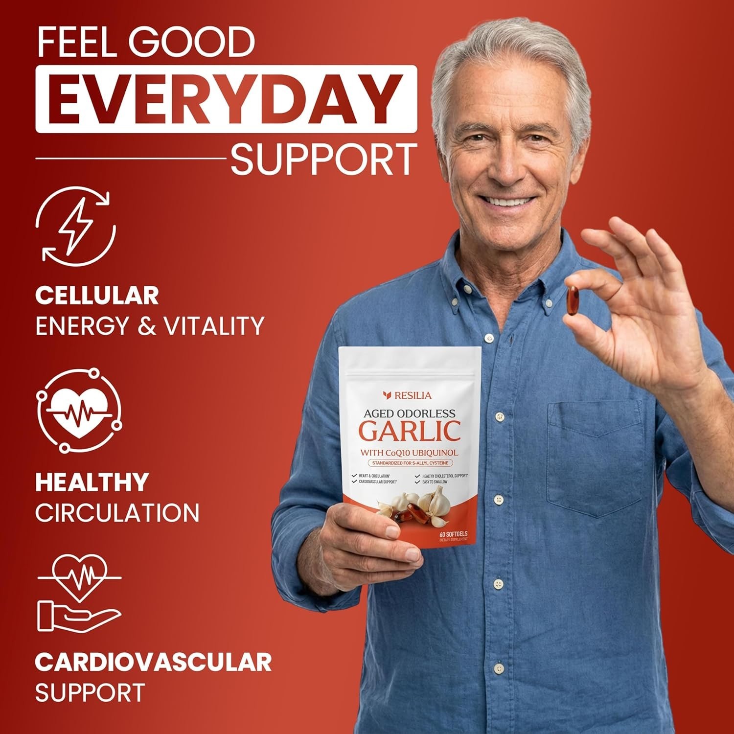 Resilia Garlic Extract 1200mg Softgels (60 Count) – Odorless Aged Garlic Extra..