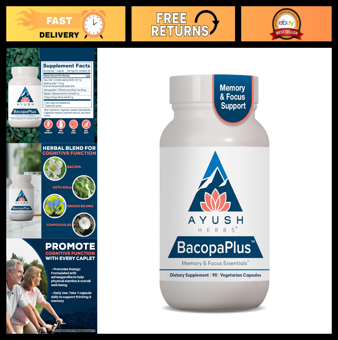 Organic Bacopa Supplements for Memory & Focus, Cognitive Support with Ginkgo & A