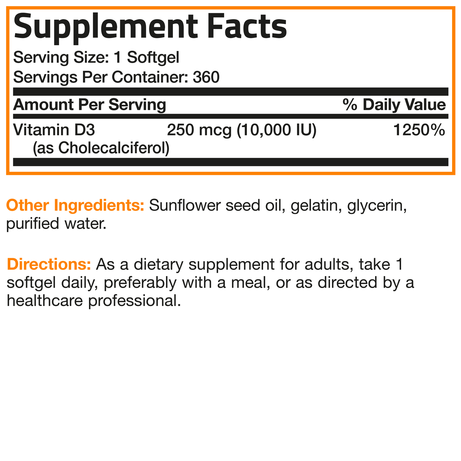 Vitamin D3 10,000 IU (250 mcg) High Potency Non GMO 360 Softgels (1 Year Supply)