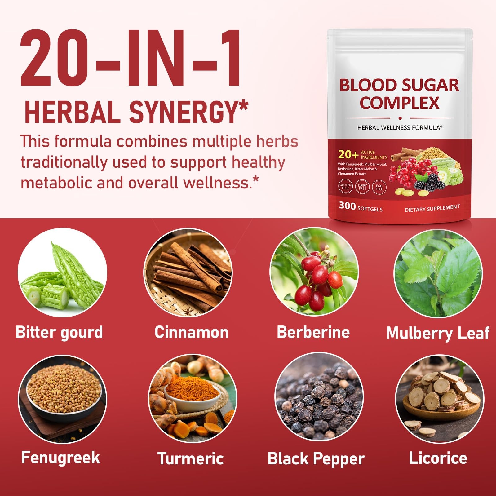 300 Softgels Blood Sugar Complex Supplement | 20+ 300 Count (Pack of 1)