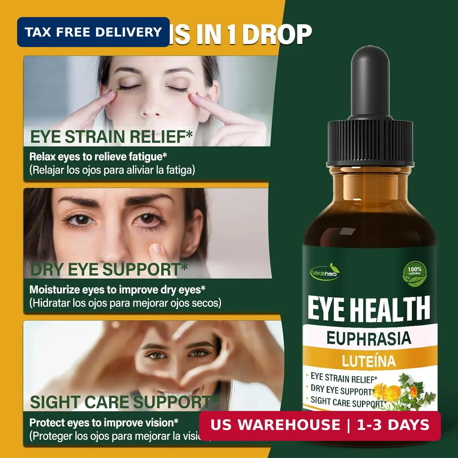 Eyebright Herb Eye Health Drops, Bilberry & Lutein Liquid Extract Herbal Supplem