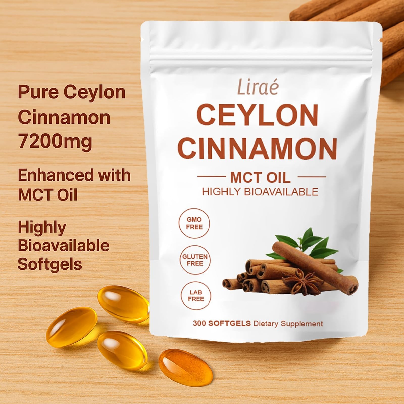 Ceylon Cinnamon 300 Softgels with MCT Oil, Non-GMO, Gluten-Free, Easy to Swallow