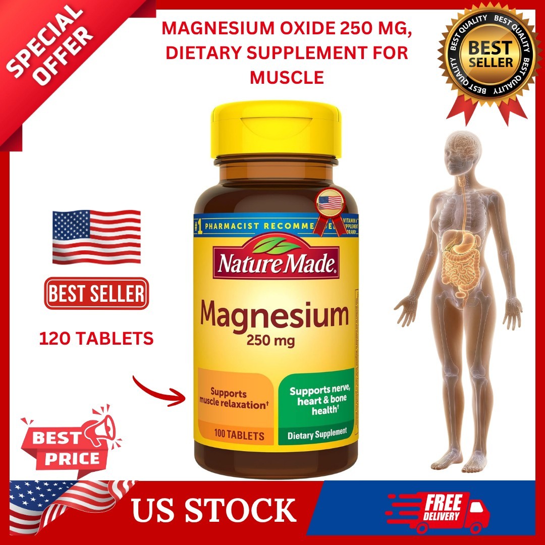 Magnesium Oxide 250 Mg, Dietary Supplement for Muscle, Heart, Bone and Nerve Hea