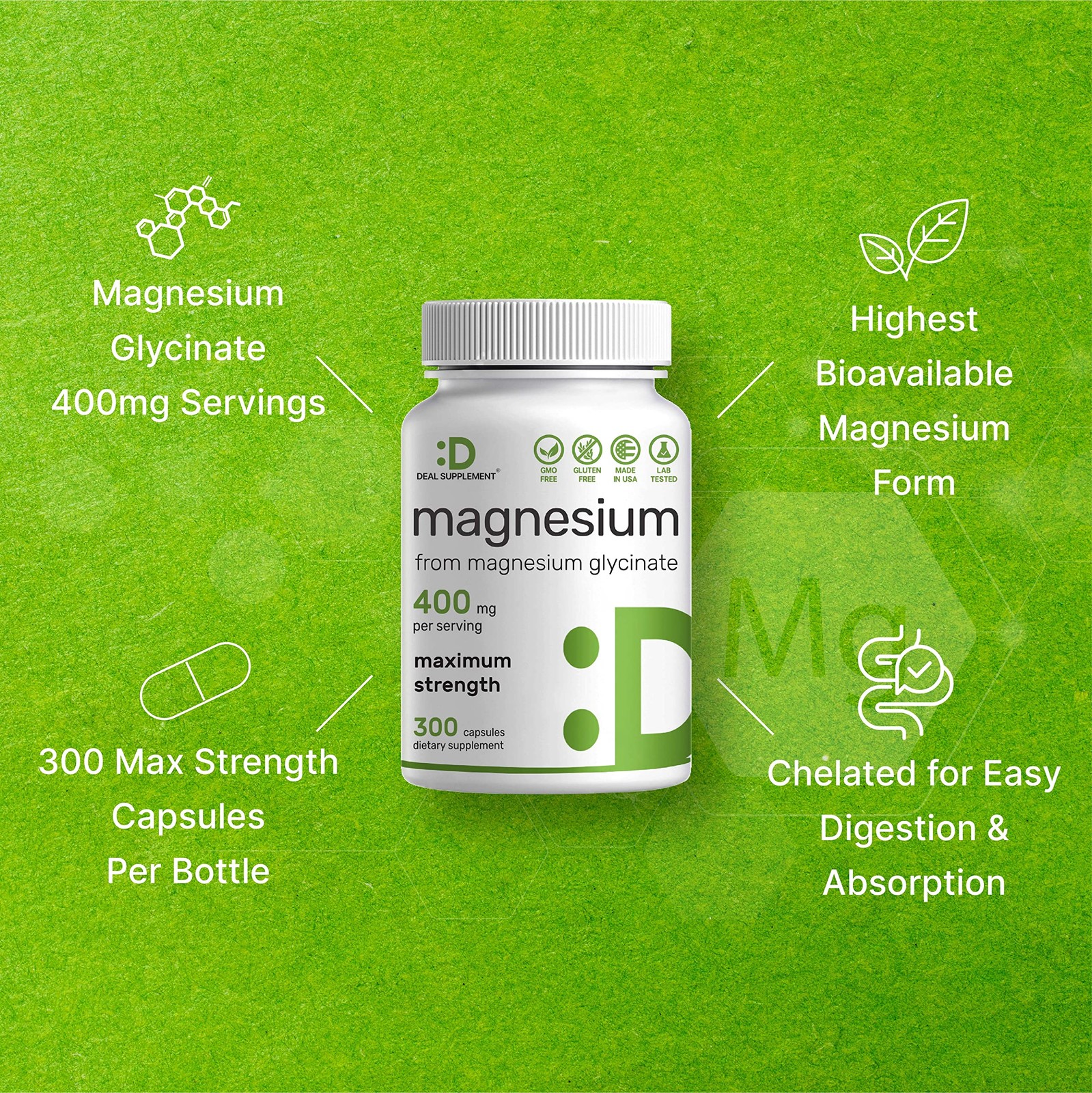 Magnesium Glycinate 400mg, 300 Capsules | 100% Chelated 300 Count (Pack of 1)