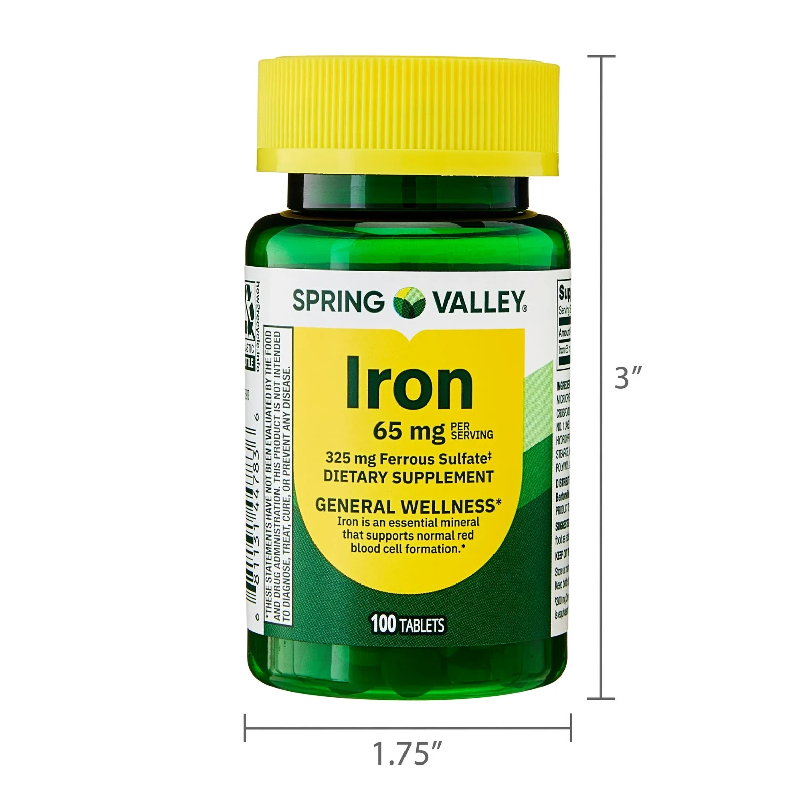 Spring Valley Iron General Wellness Dietary Supplement Tablets, 65 mg, 100 Count