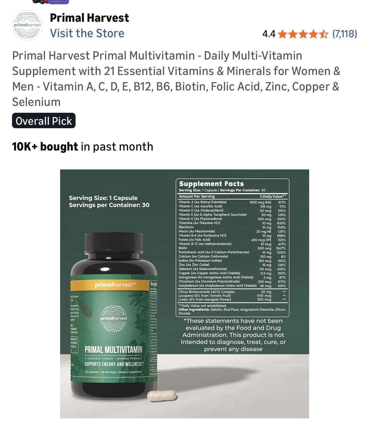 Primal Harvest Multivitamin Capsules 30 Count Unisex Adult Energy Support