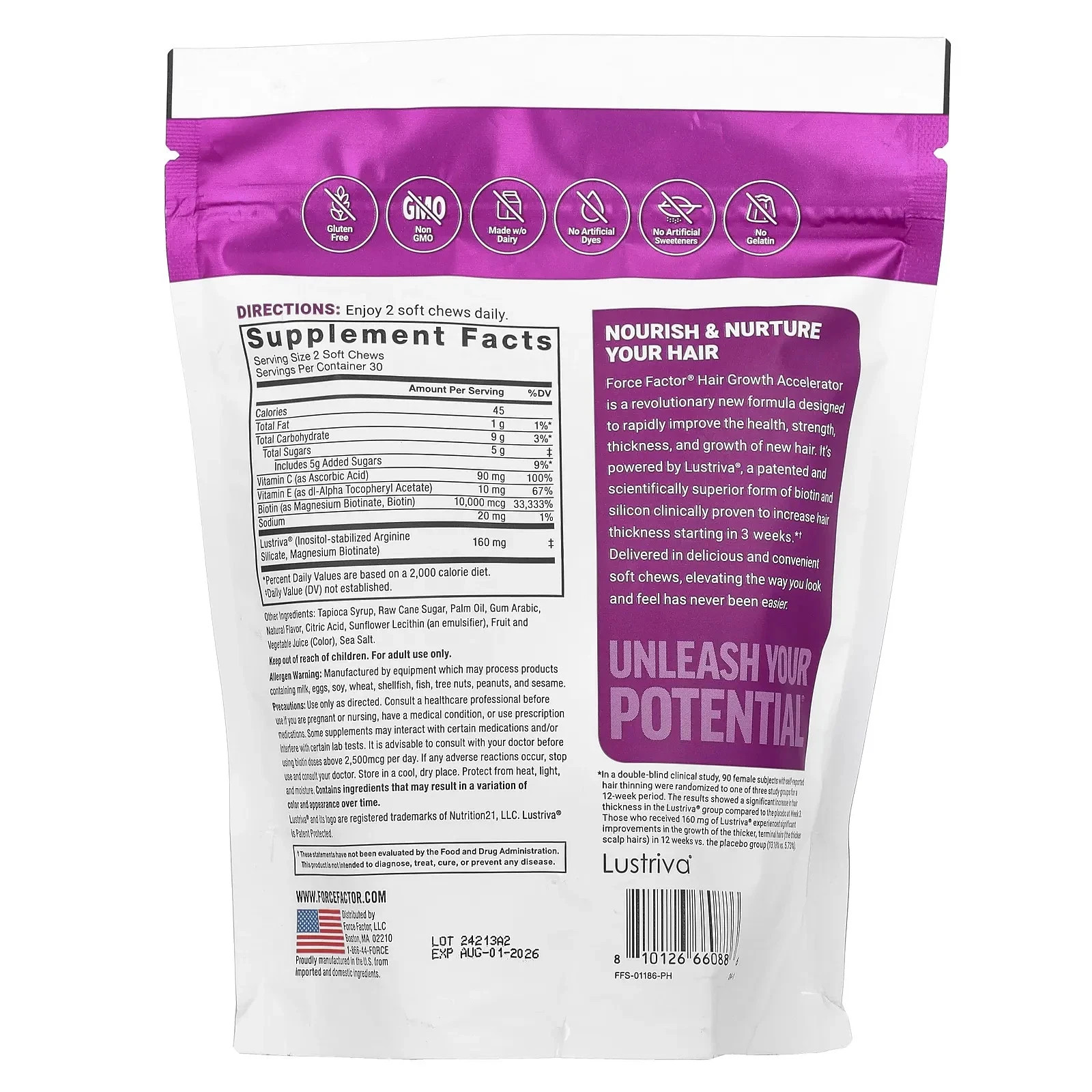 Force Factor Hair Growth Accelerator, Mixed Berry, 60 Soft Chews Free Shipping ！
