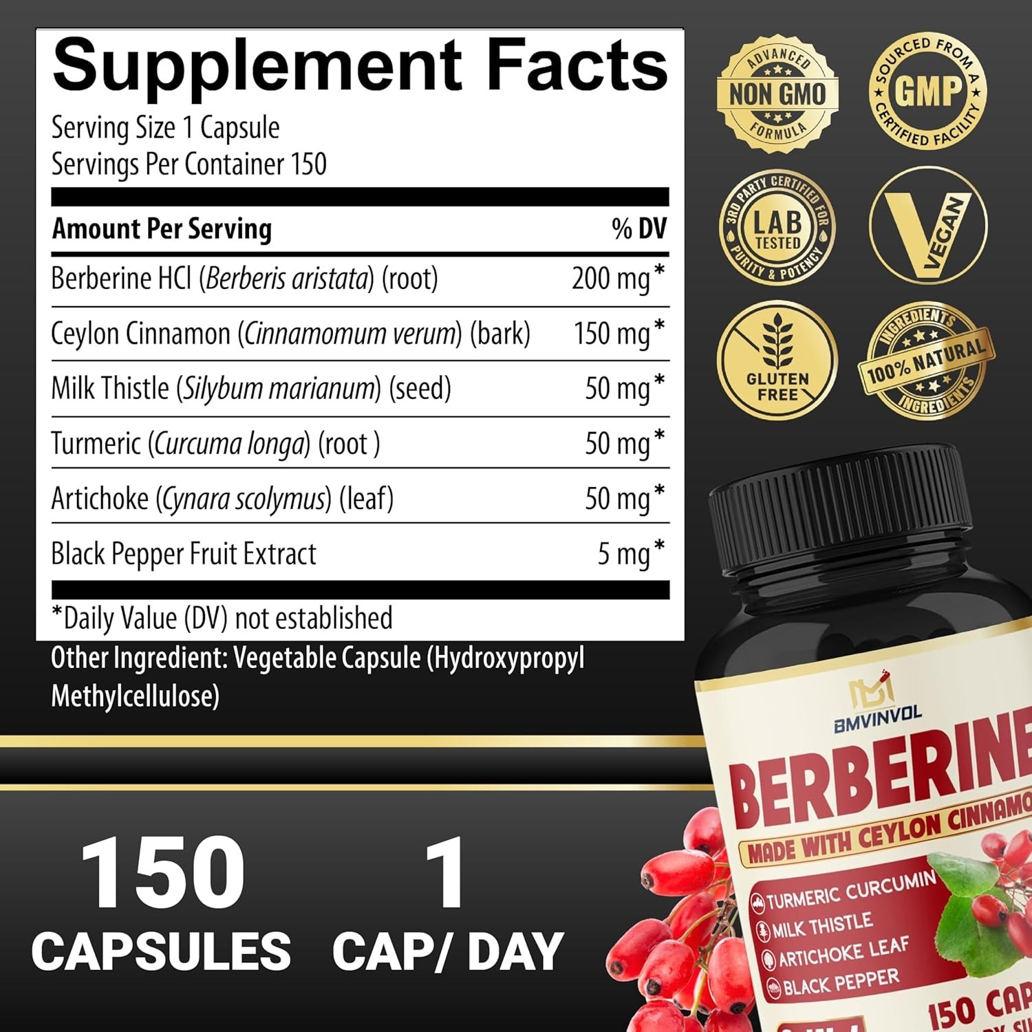 Berberine with Ceylon Cinnamon & Turmeric – 150 Count Immune Support Capsules