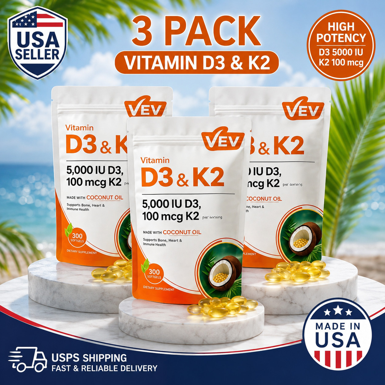 3PCS VEV D3 K2 10000 IU Softgels with Coconut Oil, 2-in-1 Vitamin Support 300 Ct
