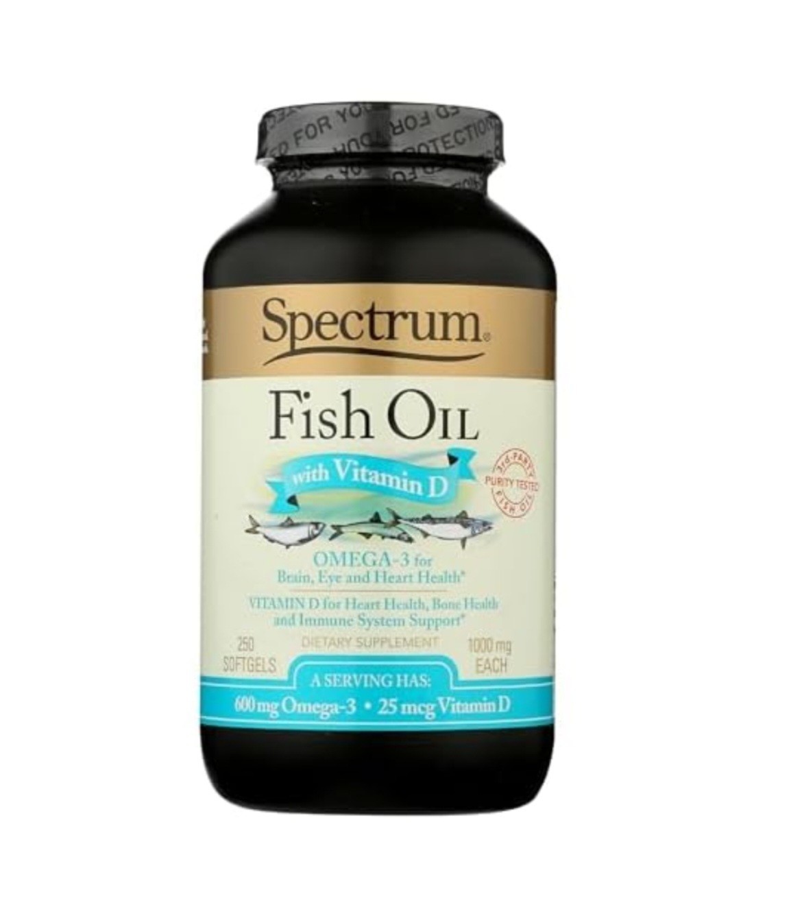 Spectrum Fish Oil + Vitamin D3 250 Softgels Purity Tested Neutral Flavor